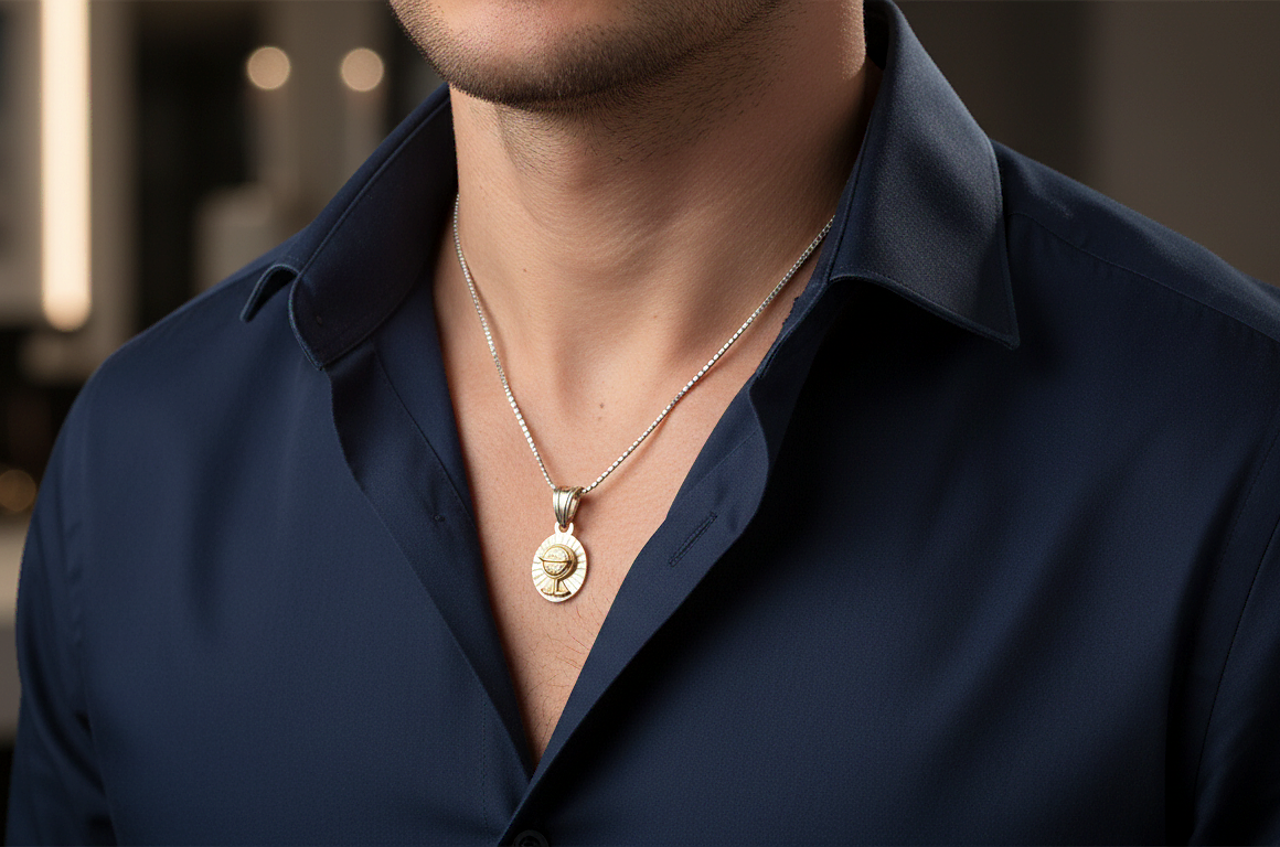 Vista de Cadena tipo caja con dije de cáliz