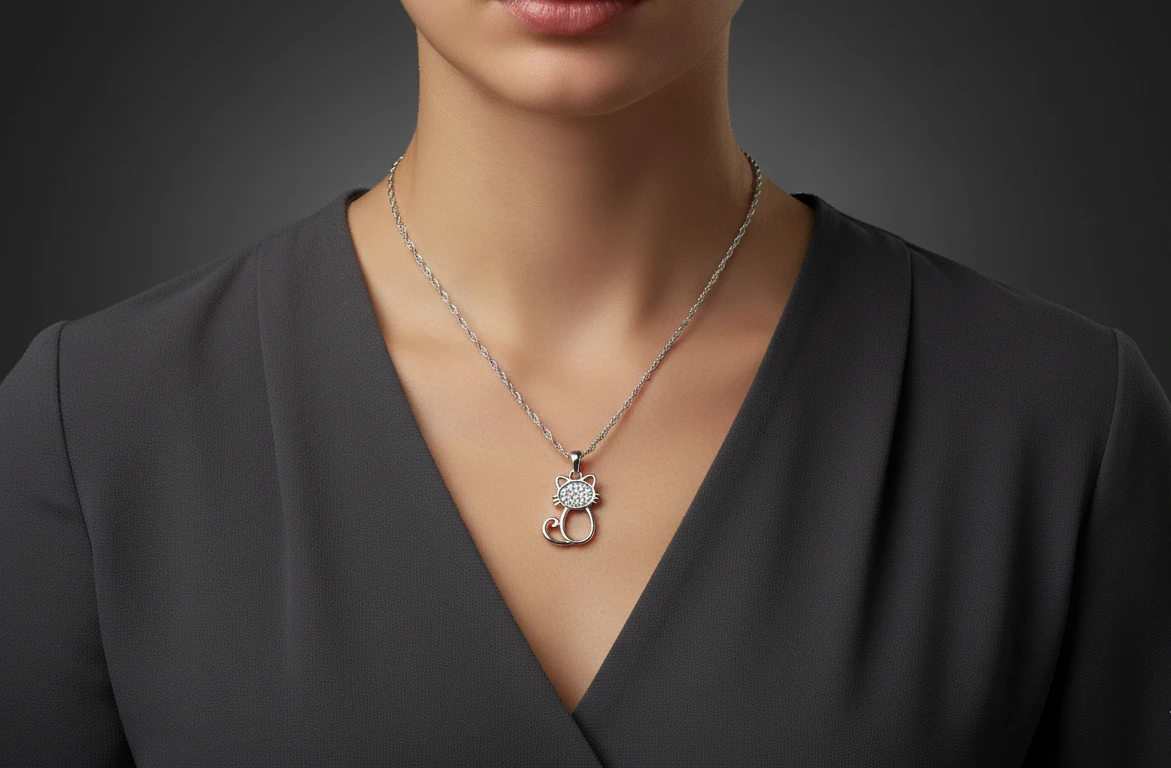 Vista de Cadena tipo cuerda con colgante gato